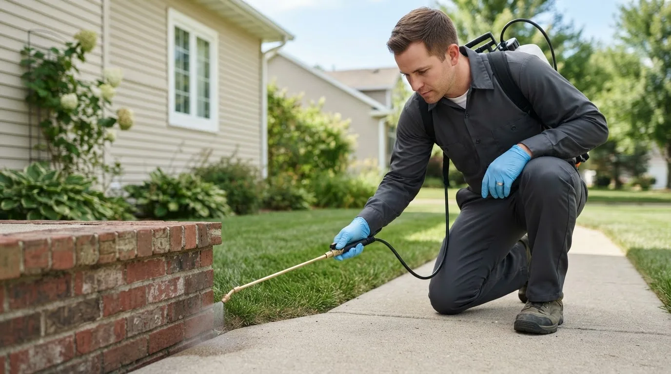 Pest control technician treating a home near Farmville, VA