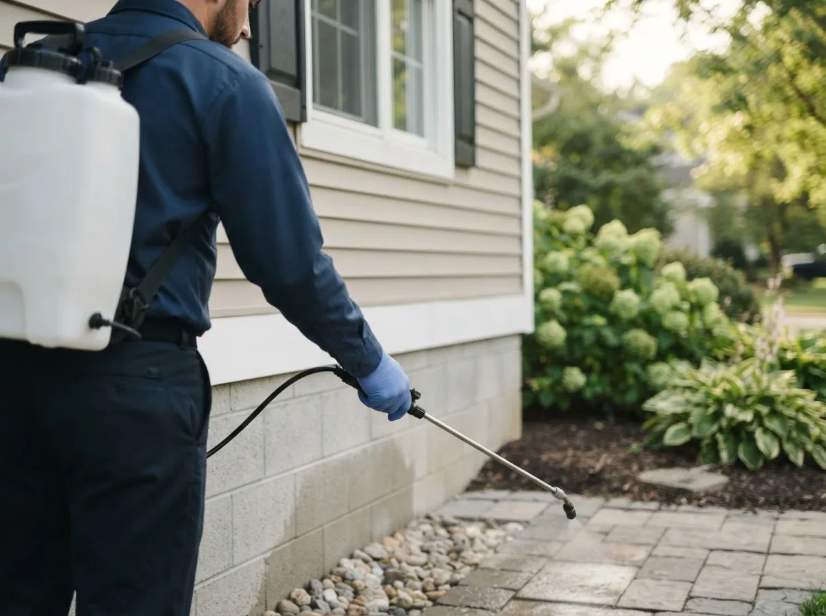 Pest control technician inspecting a home in Farmville, VA